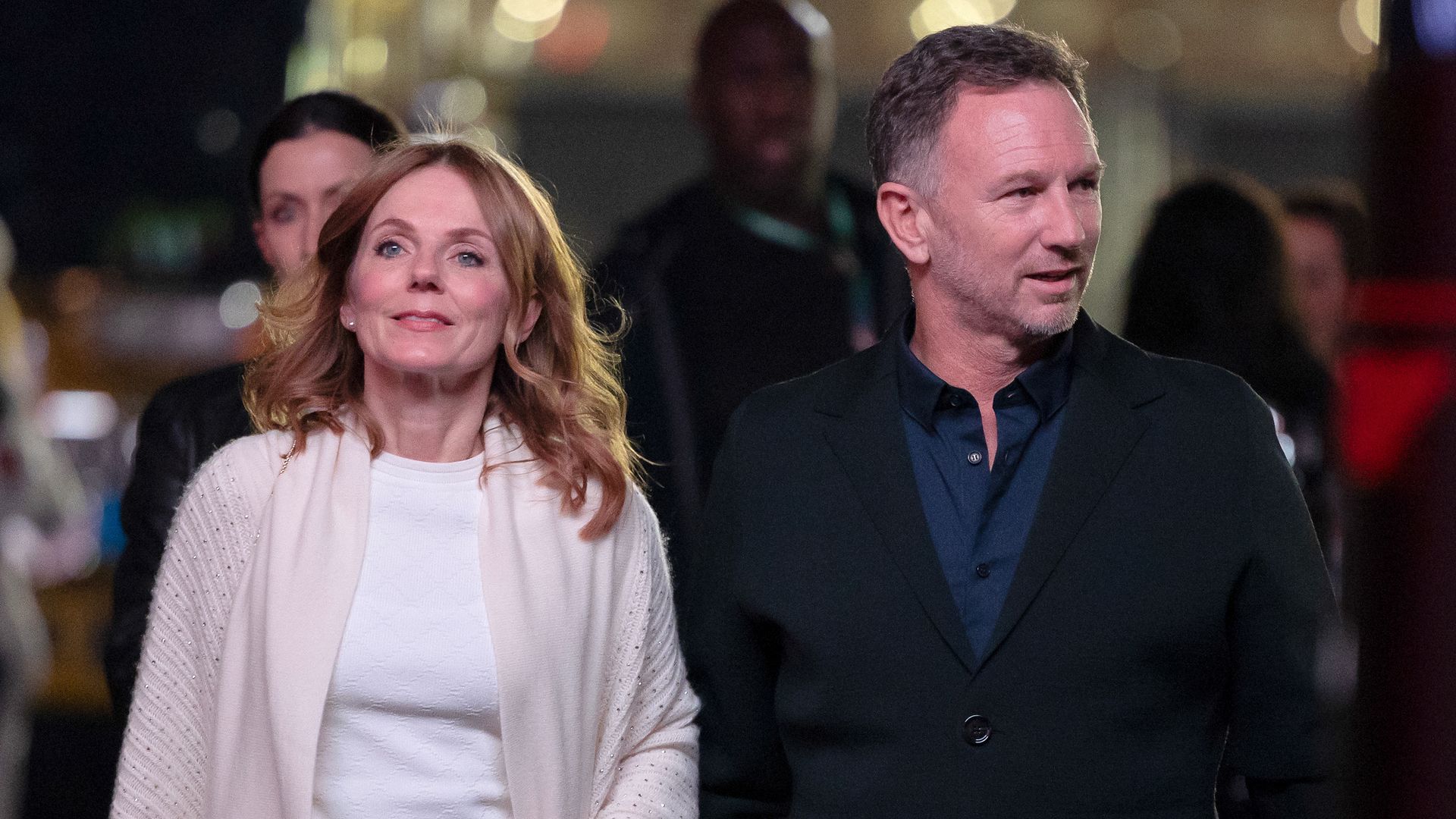 Geri Halliwell-Horner and Christian Horner of Great Britain and Oracle Red Bull Racing arrive at the track during previews ahead of the F1 Grand Prix of Las Vegas