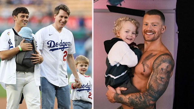 A split image of Adam Peaty and his son and Tom Daley with his husband and sons