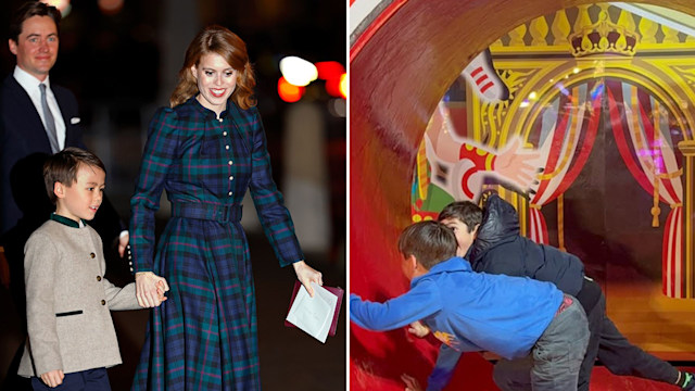 A split image of Princess Beatrice and Wolfie and Wolfie in London