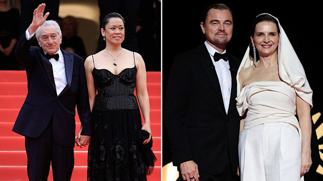 Split image of Robert De Niro waving with wife Tiffany Chen and Leonardo DiCaprio standing with Juliette Binoche