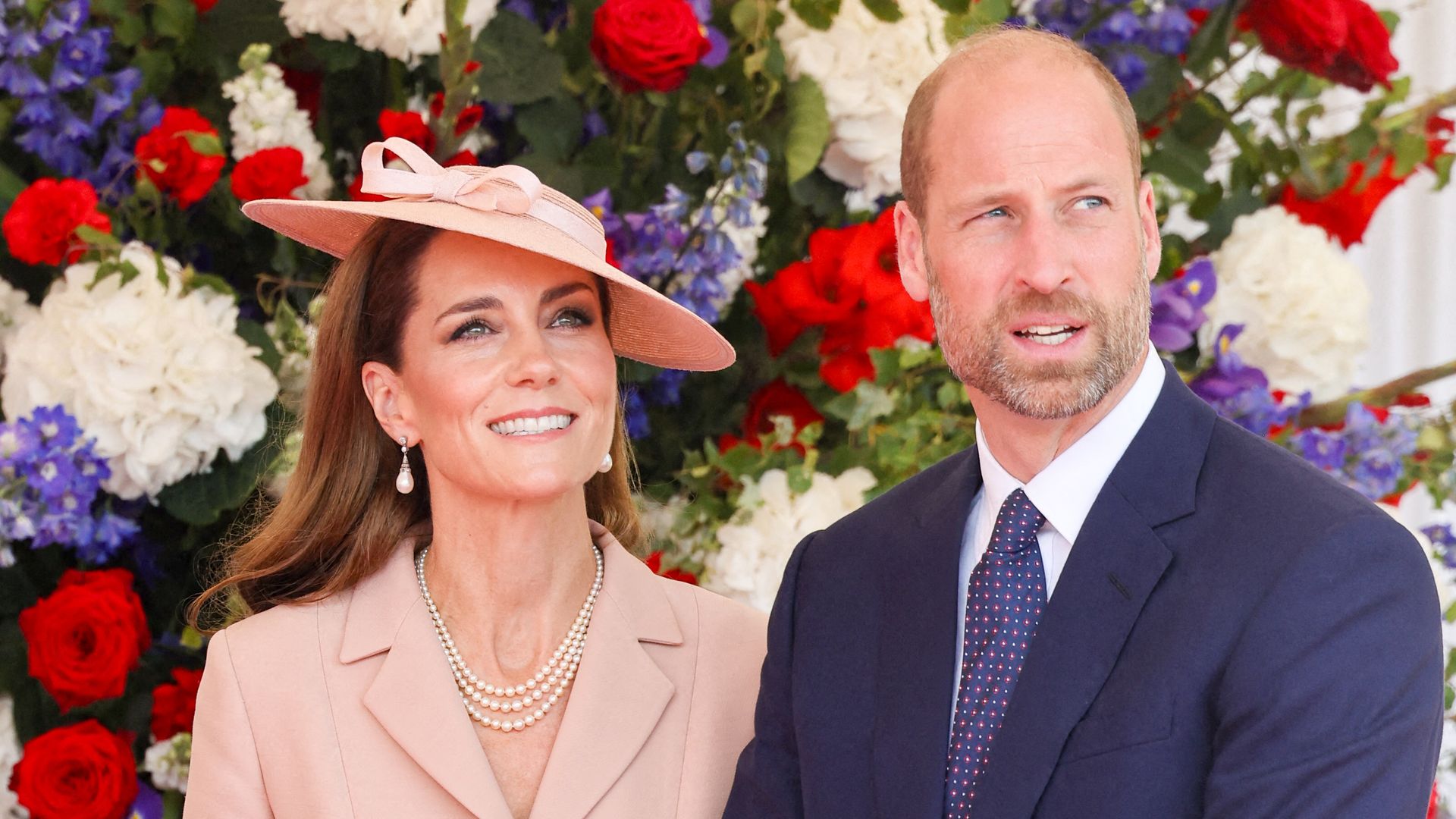 Britain's Catherine, Princess of Wales (L) and Britain's Prince William, Prince of Wales attend a ceremonial welcome for France's President and his wife at Windsor Castle, in Windsor west of London