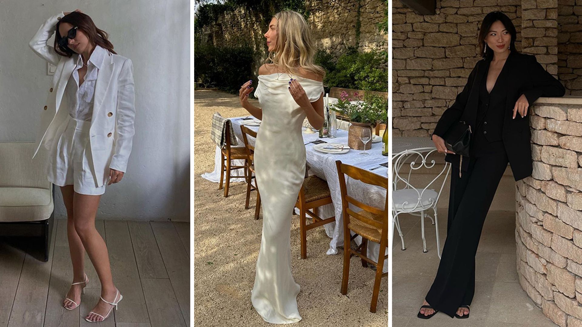 Influencers wearing pieces from Reiss' summer collection (white suit shorts, cream off-the-shoulder maxi dress, double-breasted blazer)