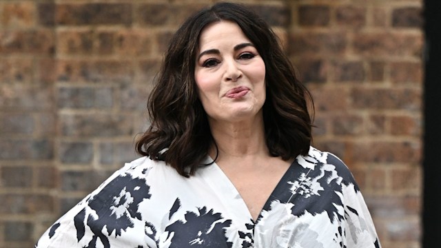 Nigella Lawson in a black and white floral dress