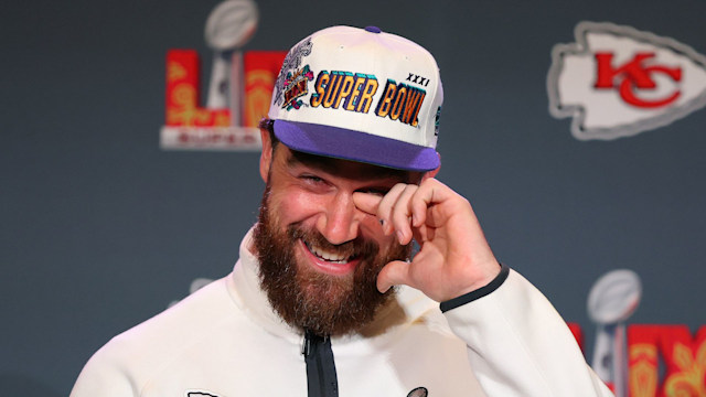 Travis Kelce #87 of the Kansas City Chiefs talks during media availability prior to Super Bowl LIX at the New Orleans Marriott on February 06, 2025 in New Orleans, Louisiana