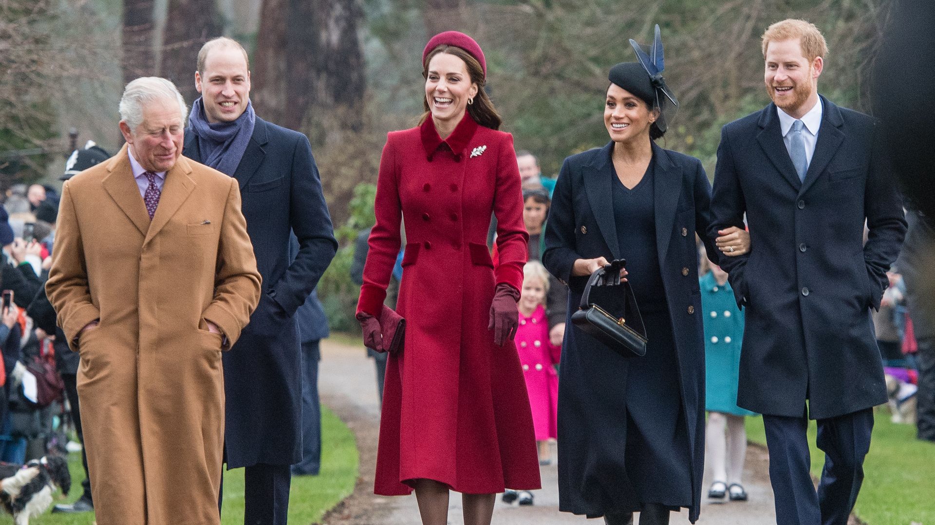 King Charles walking with Prince William, Kaye Middleton, Meghan Markle and Prince Harry