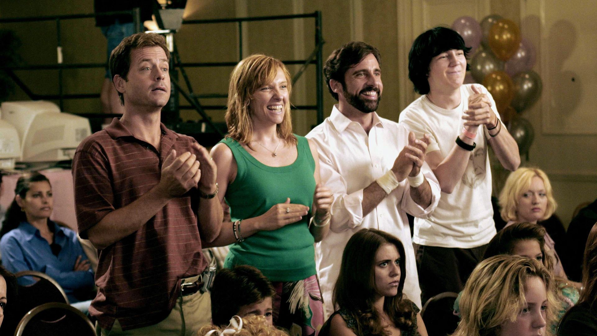 Grey Kinnear, Toni Collette, Steve Carell and Paul Dano applauding in a still from Little Miss Sunshine