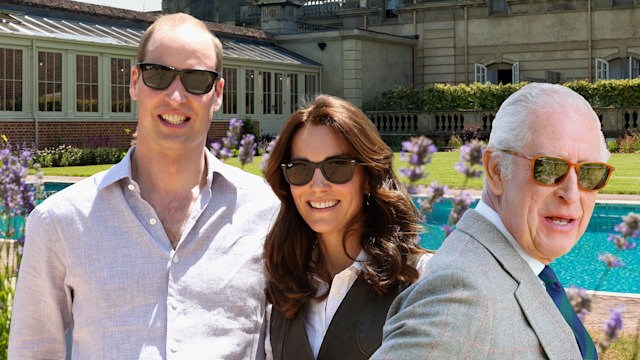 Creative photo of Prince William, Kate and King Charles in front of Cliveden House in Berkshire