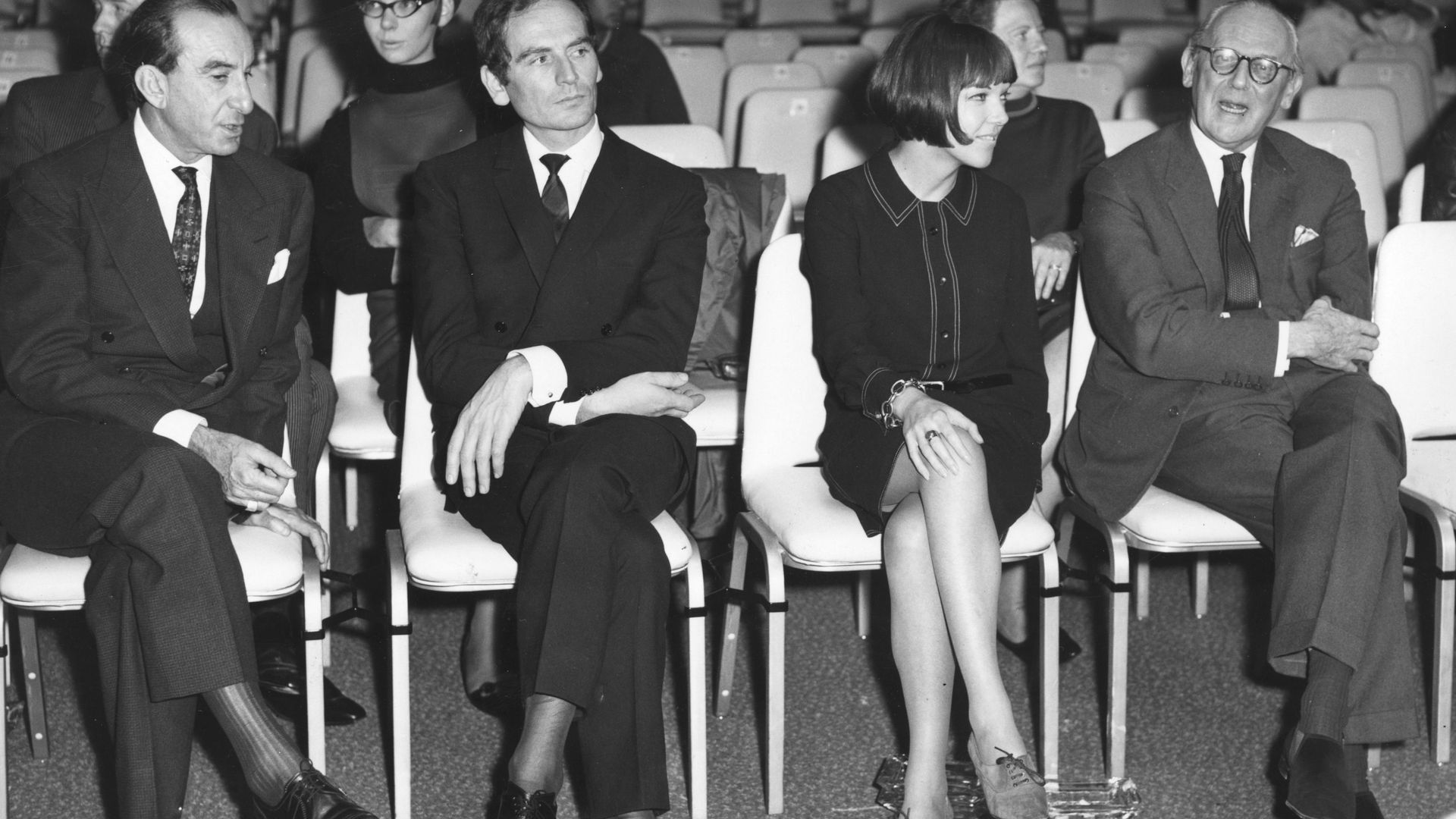15th October 1963:  At the rehearsal for the first Sunday Times International Fashion Awards show in the Grand Ballroom of London's Hilton Hotel are (from left to right) fashion designers Emilio Pucci, Pierre Cardin, Mary Quant and fashion authority James