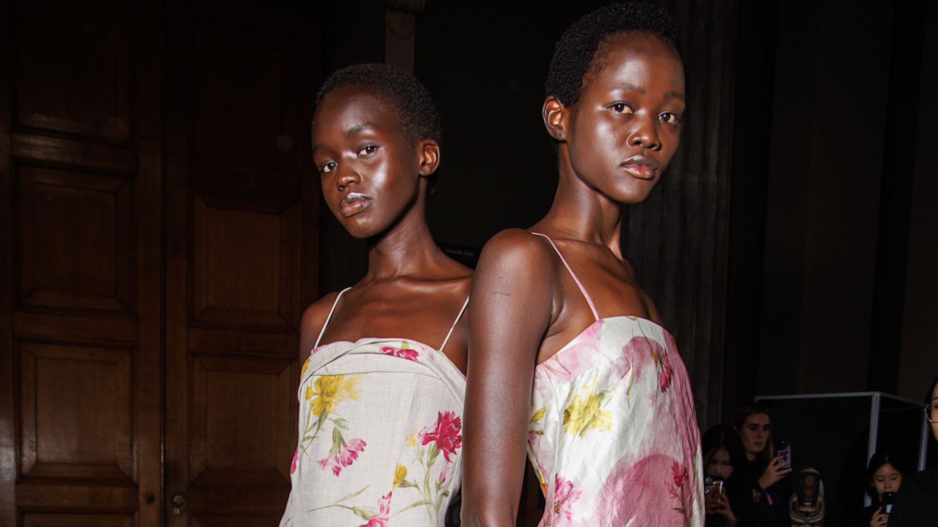 erdem backstage models in floral gowns