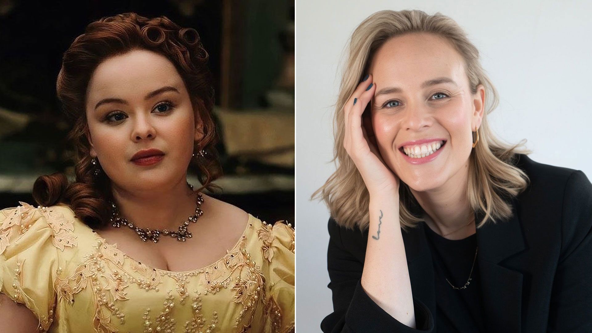 nicola coughlan in bridgerton beside jenny rhodes mclean headshot