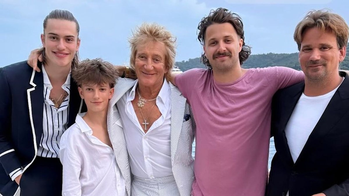 Rod Stewart surrounded by four lookalike sons and gorgeous dancer ...