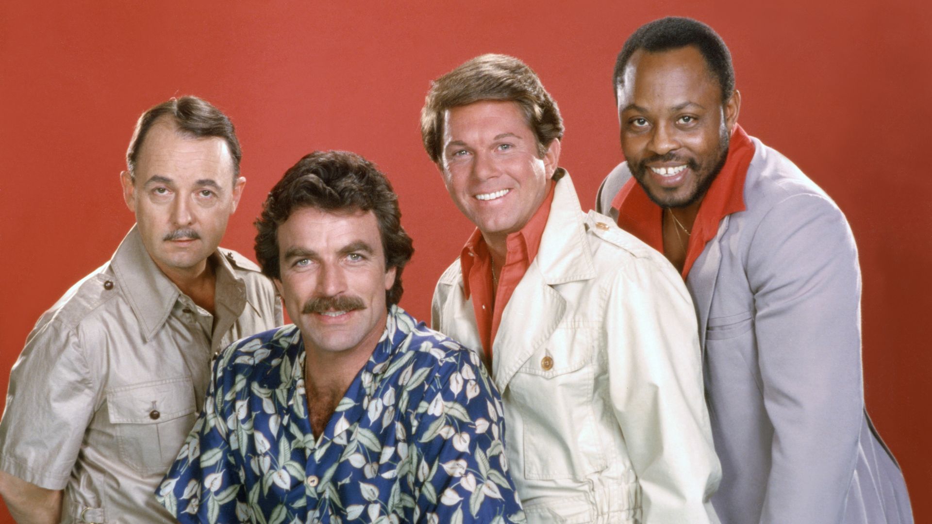 John Hillerman, Tom Selleck, Larry Manetti and Roger E. Mosley, circa 1985.