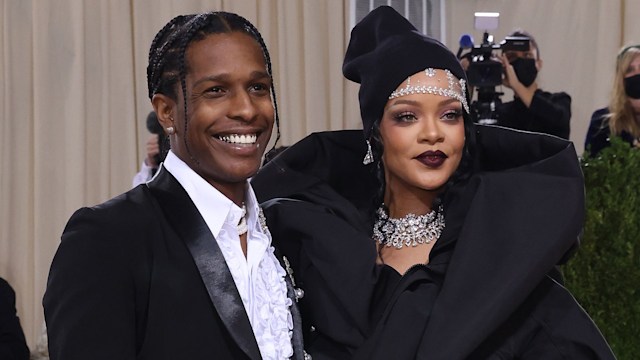 Rihanna and ASAP Rocky smiling at the Met Gala 2021