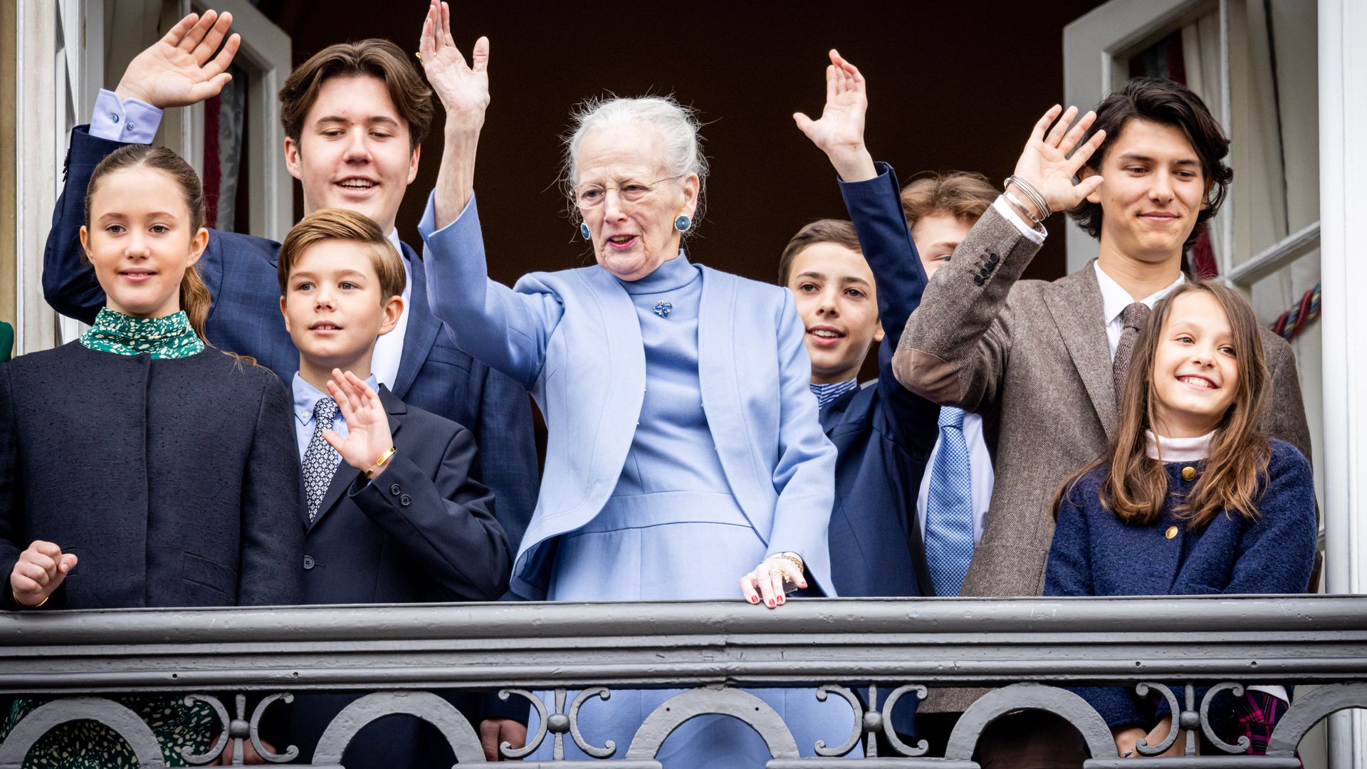 Queen Margrethe of Denmark waving with her grandchildren on April 16, 2023 in Copenhagen, Denmark