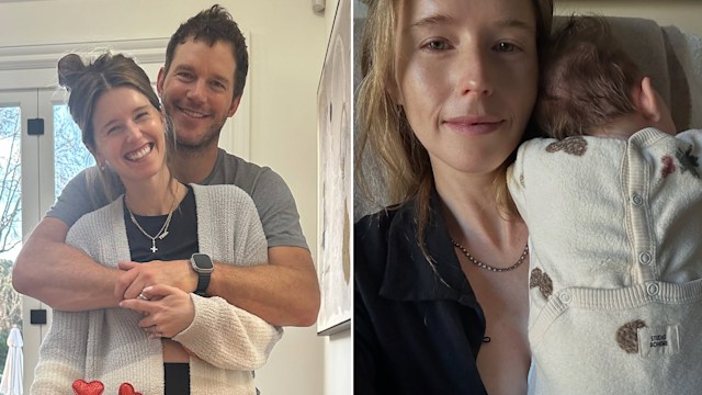 Split image showing Chris Pratt and Katherine Schwarzenegger hugging and Katherine holding her baby son, Ford on her shoulder