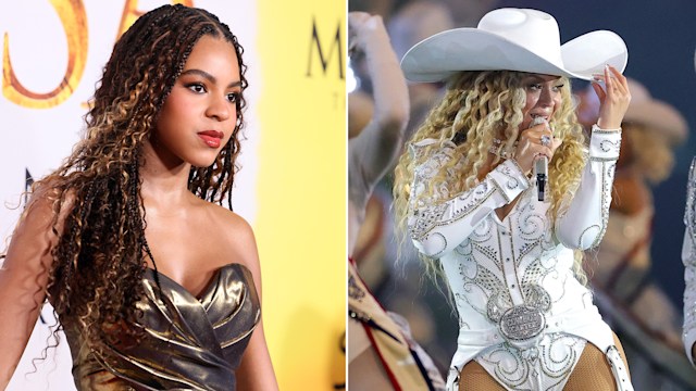 Split image showing Blue Ivy at Mufasa premiere and Beyonce during halftime performance