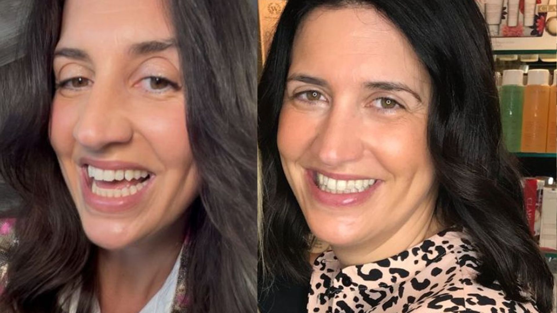 side by side of a brunette woman before and after a hair cut 