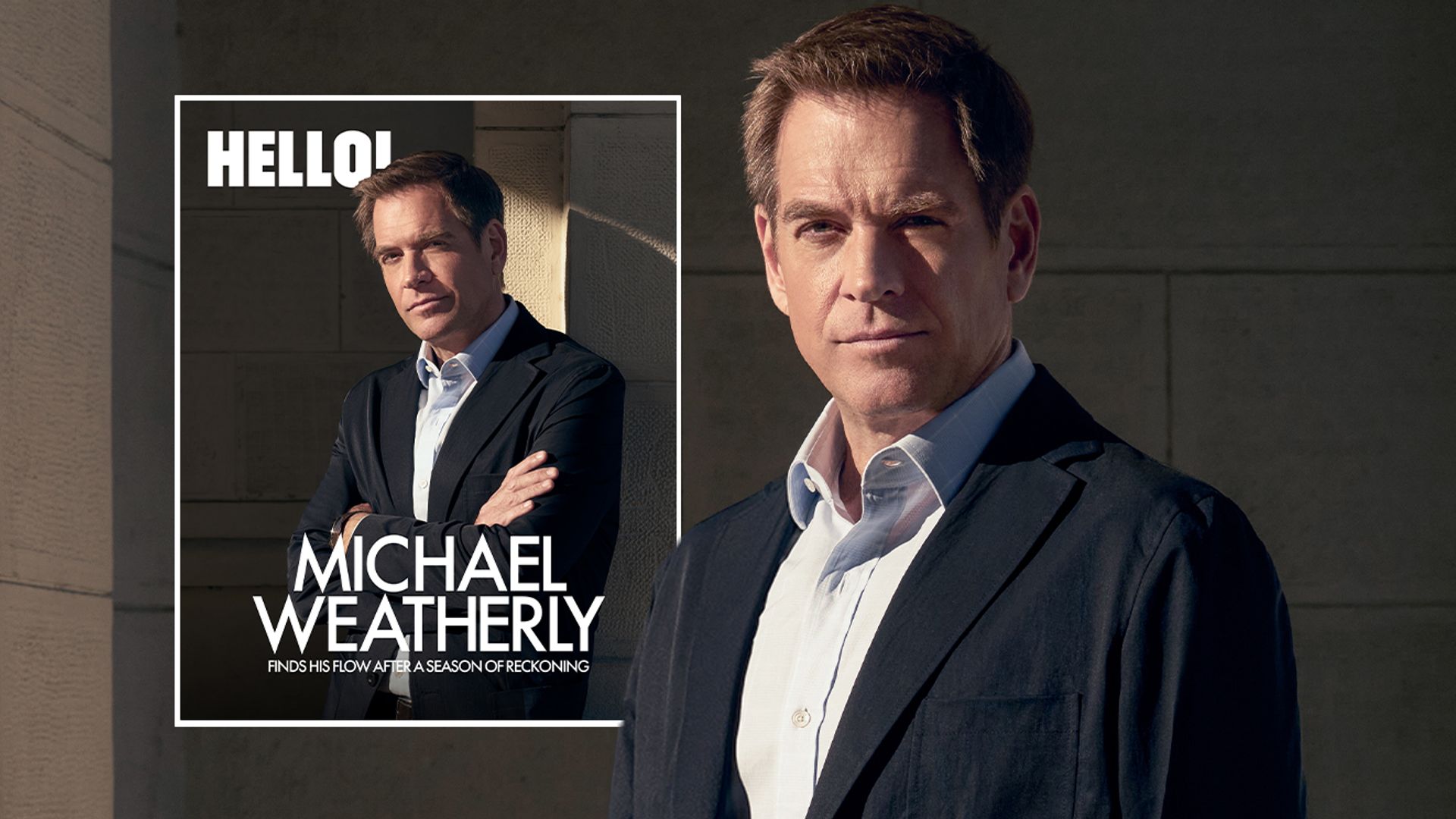 Composite image of Michael Weatherly's HELLO! digital cover with a portrait picture of the NCIS star