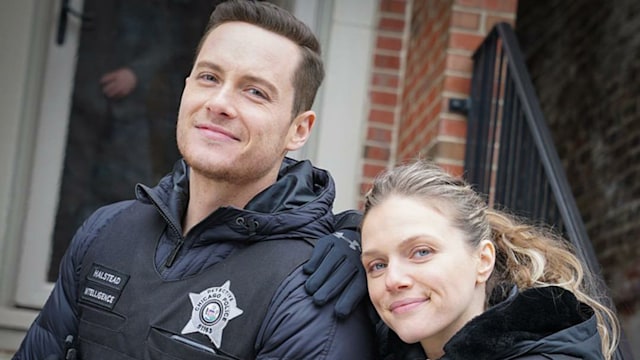 Jesse Lee Soffer and Tracy Spiridakos on the set of Chicago PD
