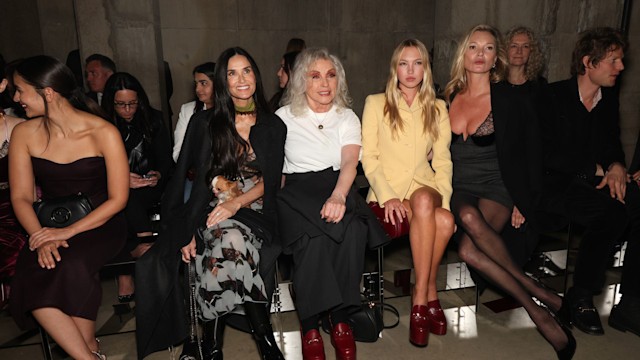 Demi Moore with Pilaf, Debbie Harry, Lila Moss, Kate Moss and Nikolai von Bismarck attend the Gucci Cruise 2025 Fashion Show 