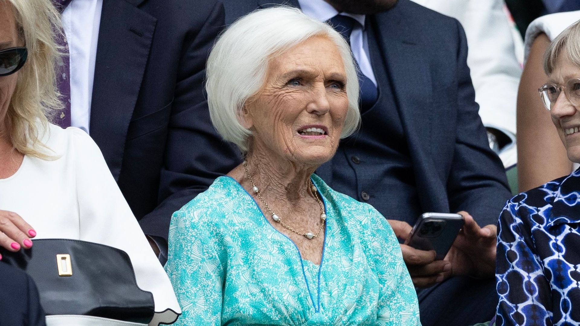 Mary Berry in a turquoise dress at Wimbledon