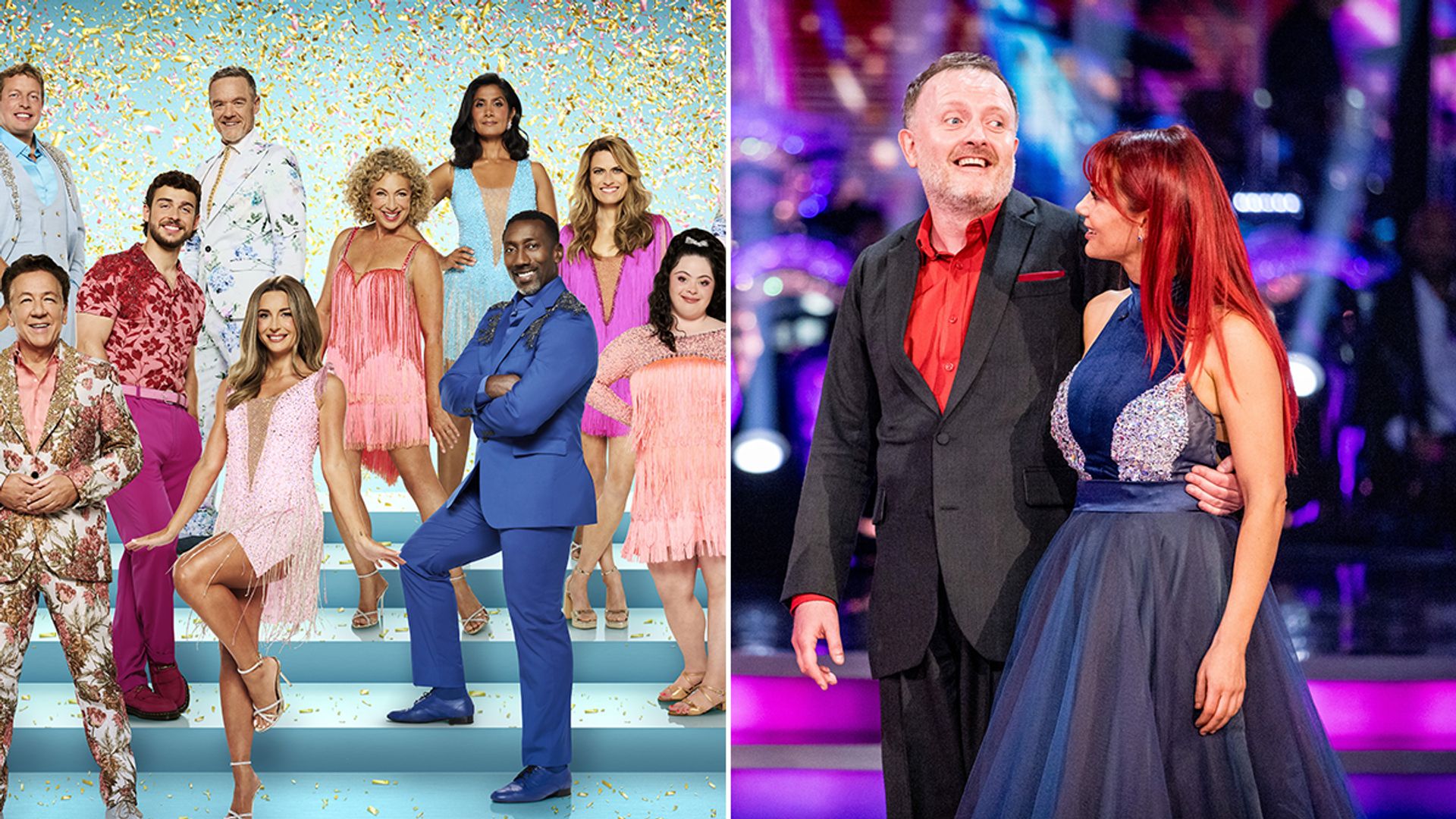 Split image of Strictly cast of 2025 and Chris McCausland with Dianne Buswell