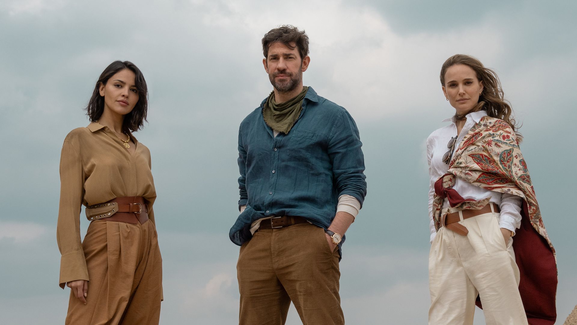 Eiza Gonzalez, John Krasinski and Natalie Portman in Fountain of Youth