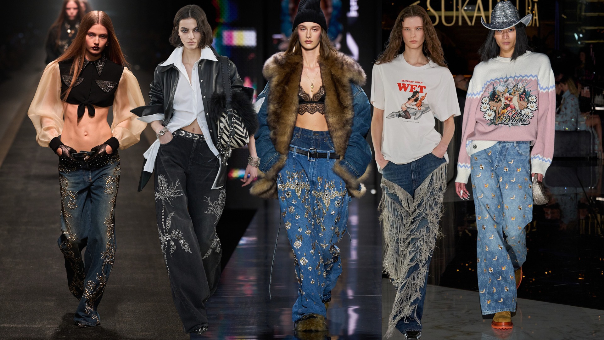 models wearing embellished jeans