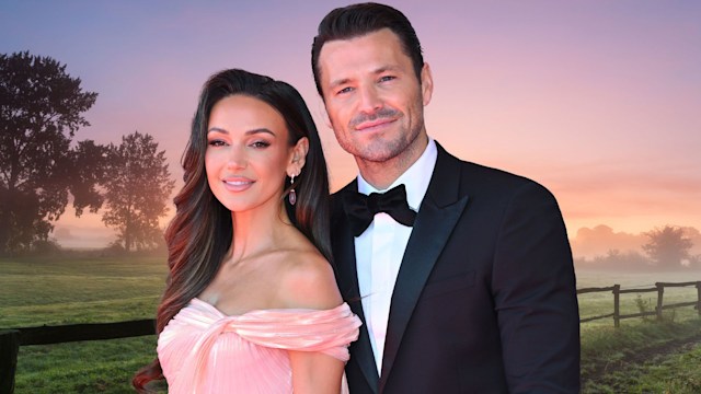 mark wright and michelle keegan with sunrise backdrop