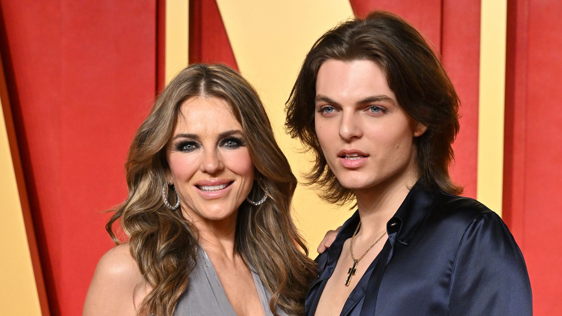 Elizabeth Hurley and Damian Hurley attend the 2024 Vanity Fair Oscar Party hosted by Radhika Jones at Wallis Annenberg Center for the Performing Arts on March 10, 2024 in Beverly Hills, California.