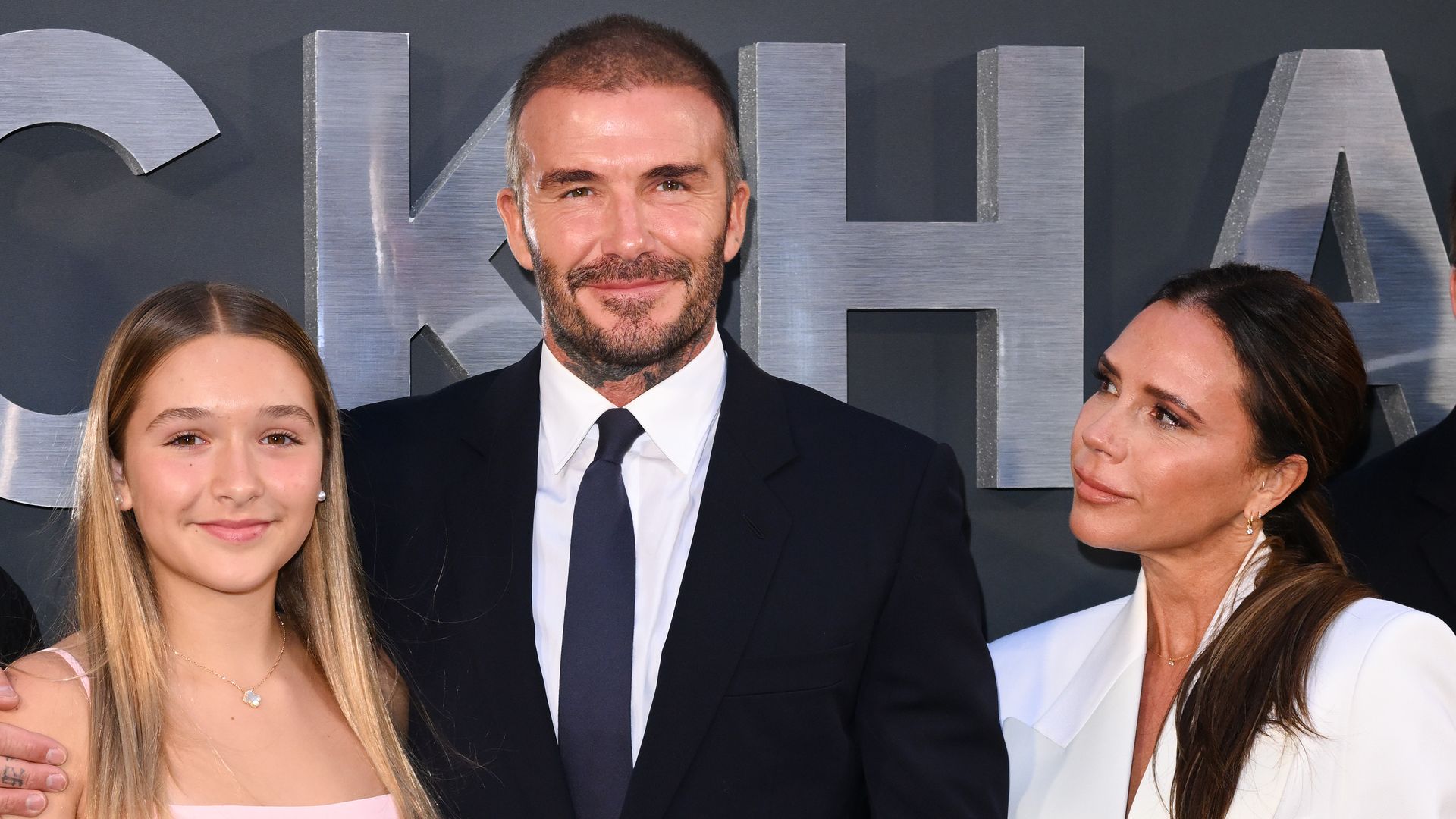 Harper Beckham, David Beckham and Victoria Beckham attend the Netflix 'Beckham' UK Premiere at The Curzon Mayfair on October 03, 2023 in London, England. 
