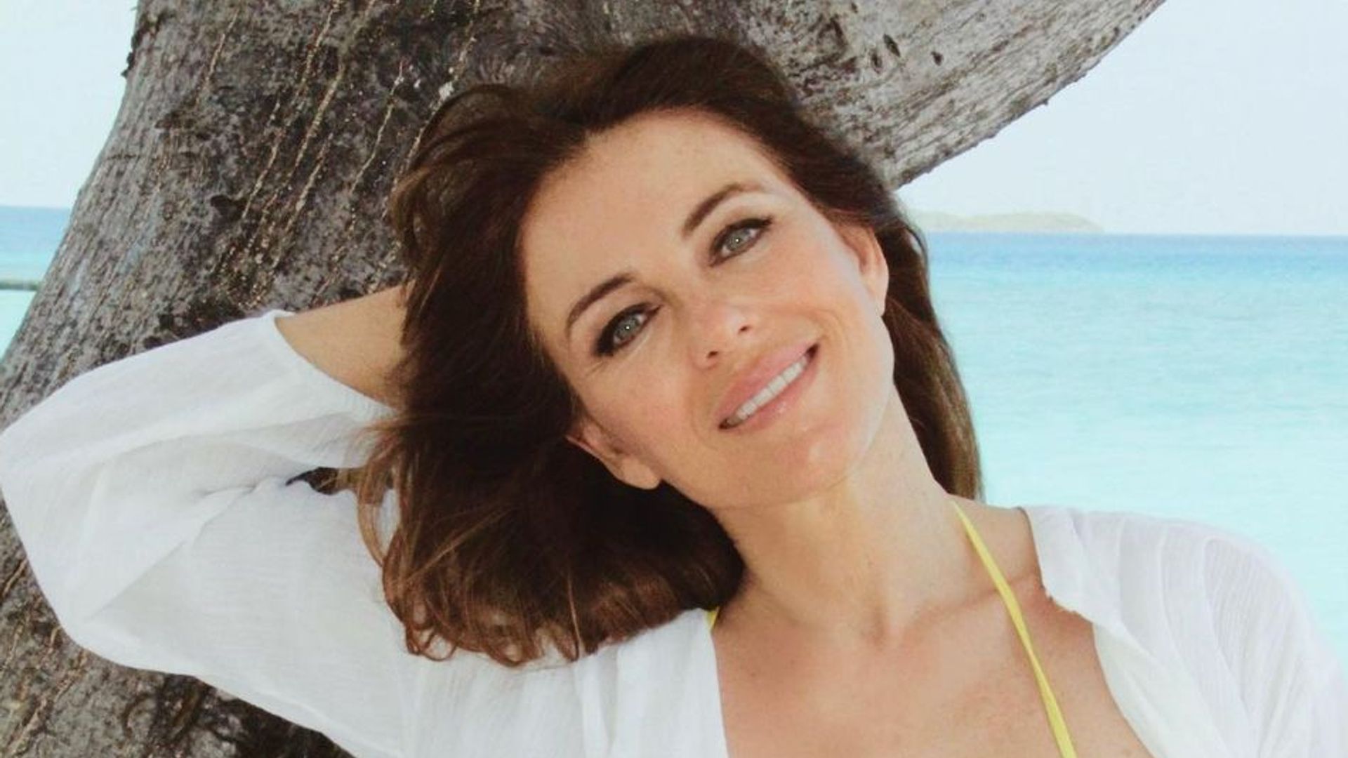 Elizabeth Hurley poses by the beach in a yellow bikini in a photo shared on Instagram