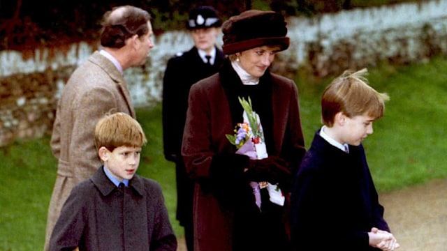 Princess Diana and their sons, William and Harry, leave the church of St. Mary Magdalene near Sandrigham House on Christmas Day
