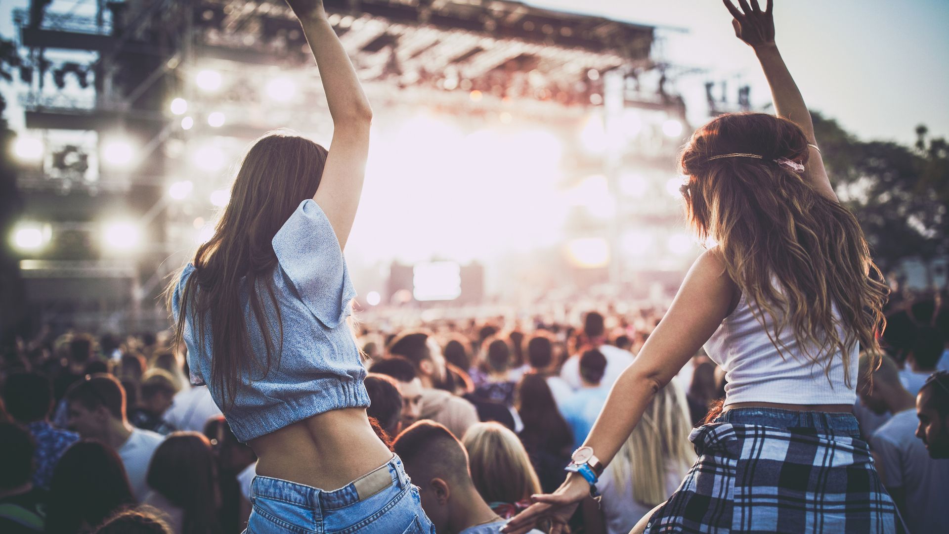 rear view of female friends at music festival