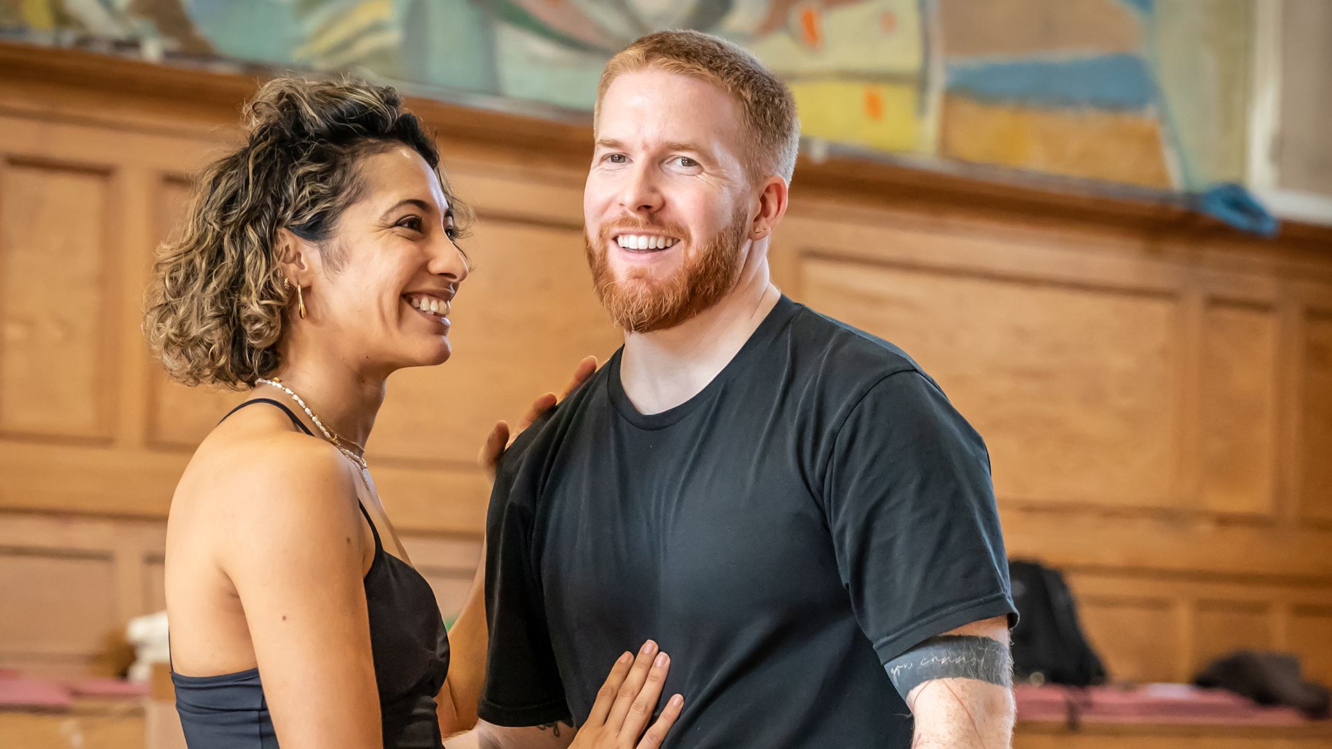 Karen Hauer places a hand on Neil Jones' stomach during Strictly rehearsals