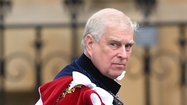 Prince Andrew, Duke of York departs Westminster Abbey after the Coronation of King Charles III and Queen Camilla