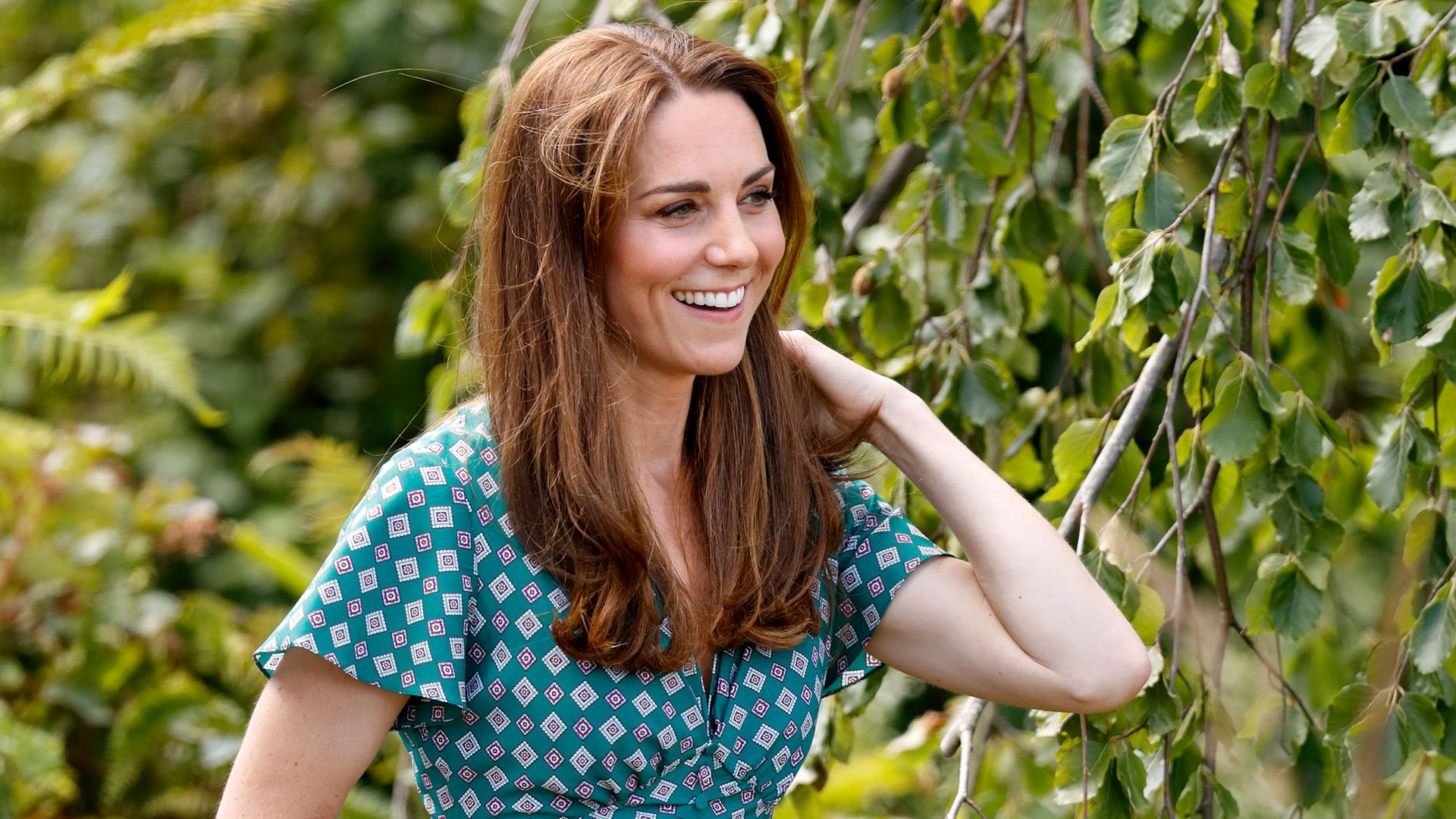 Catherine, Duchess of Cambridge visits the RHS Hampton Court Palace Garden Festival to view the RHS 'Back to Nature Garden' which she co-designed at Hampton Court Palace on July 1, 2019 in London