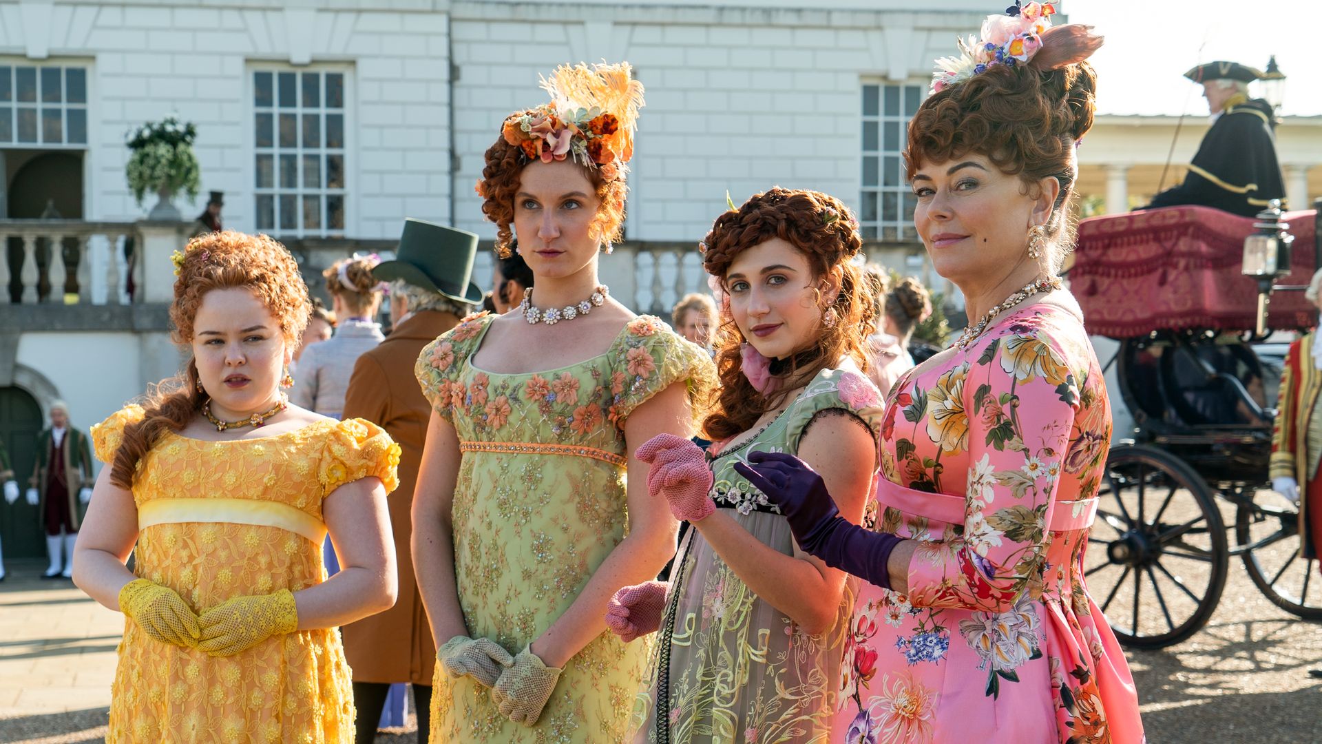 NICOLA COUGHLAN as PENELOPE FEATHERINGTON, BESSIE CARTER as PRUDENCE FEATHERINGTON, HARRIET CAINS as PHILLIPA FEATHERINGTON and POLLY WALKER as PORTIA FEATHERINGTON in BRIDGERTON 