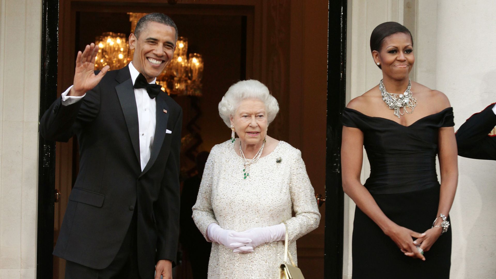 Michelle and Barack Obama with Queen Elizabeth II at Winfield House