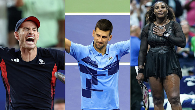 Split image of Andy Murray, Novak Djokovic and Serena Williams