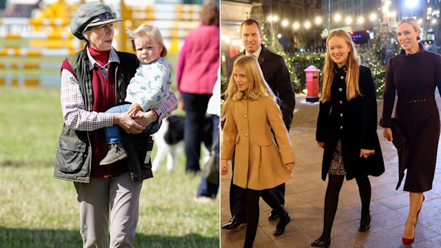 Peter Phillips with his daughters and sister Zara, and Princess Anne holding baby Mia