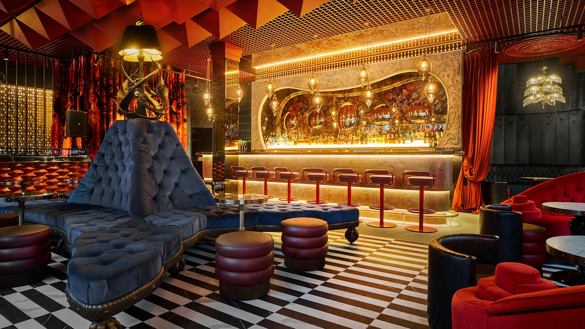 Interior shot of Thirteen, the bar at Chateau Denmark hotel, Soho, London