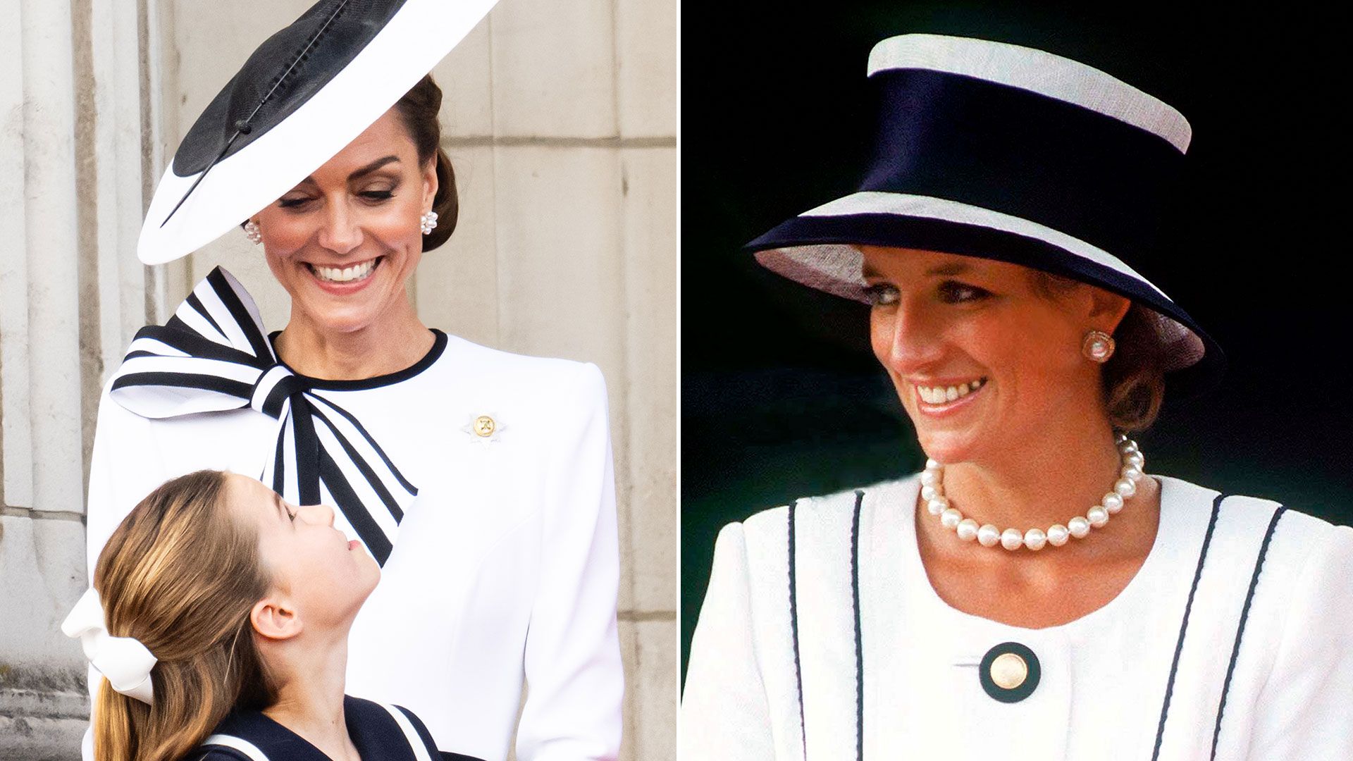 Princess Kate looking down to charlotte beside photo of princess diana
