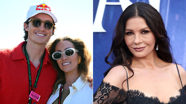 Split image of Scotty James and Chloe Stroll with Catherine Zeta-Jones