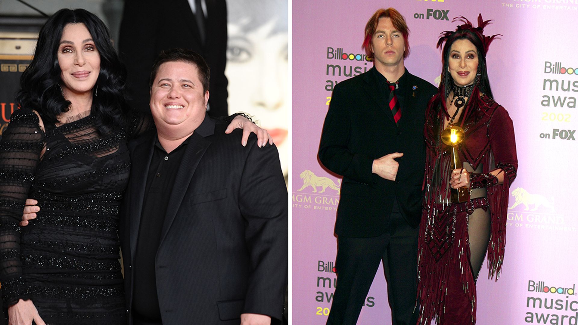 Split image of Cher standing with Chaz Bono and Elijah Blue Allman