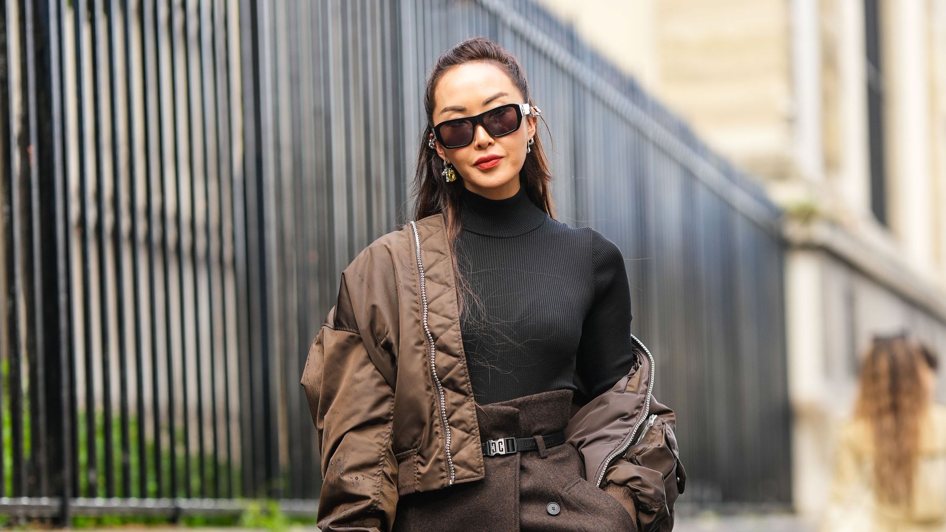 Chriselle Lim wearing a bomber jacket 