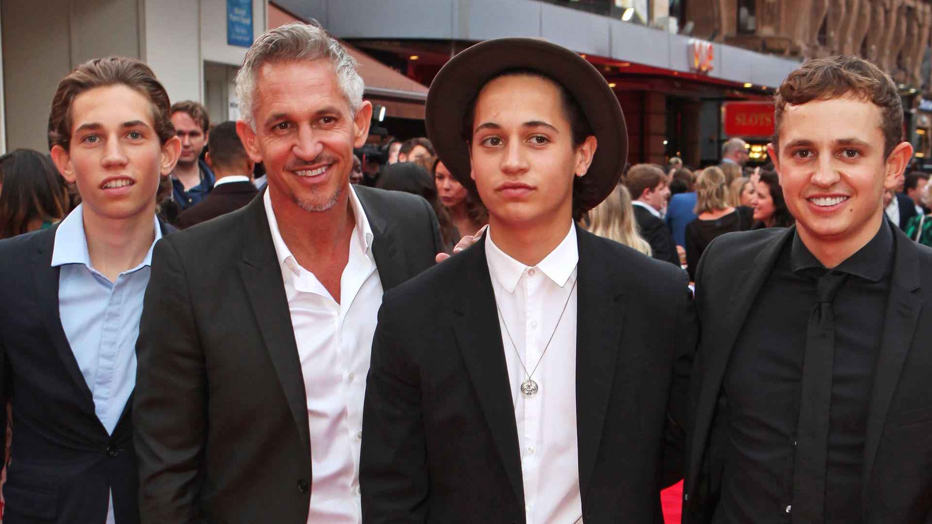 Gary Lineker and sons Angus Lineker, Tobias Lineker and George Lineker attend the World Premiere of "The Bad Education Movie" at Vue West End on August 20, 2015