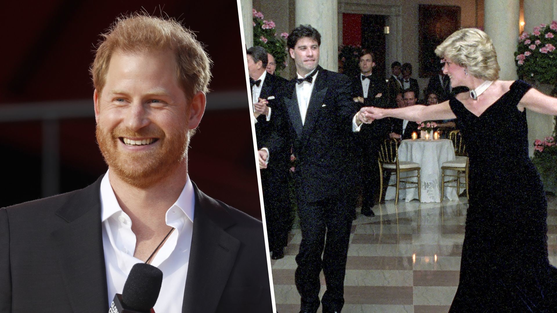 Prince Harry picture composed next to picture of John Travolta dancing with Princess Diana