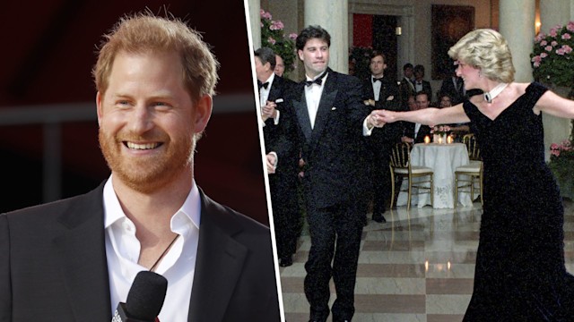 Prince Harry picture composed next to picture of John Travolta dancing with Princess Diana