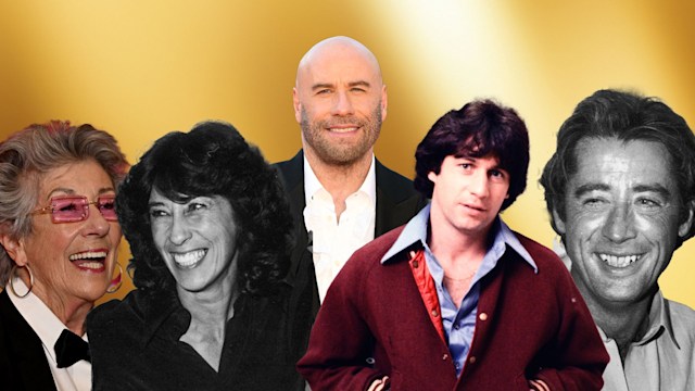 Collage of John Travolta and his siblings on a gold background 